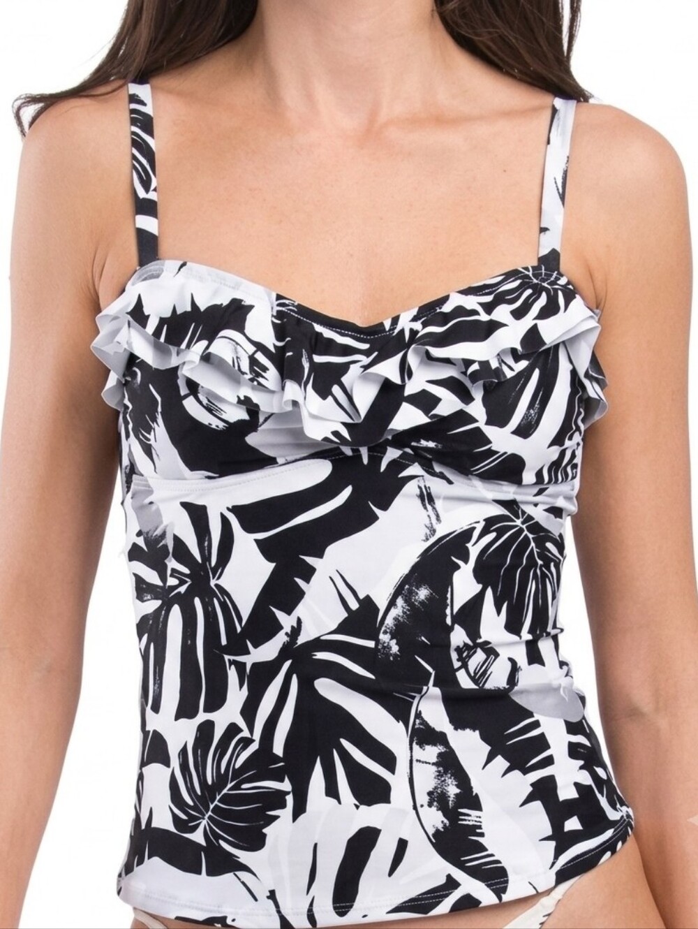 Leilani Floral Bandini Tankini Top Black White Ruffle Size 6 NWT